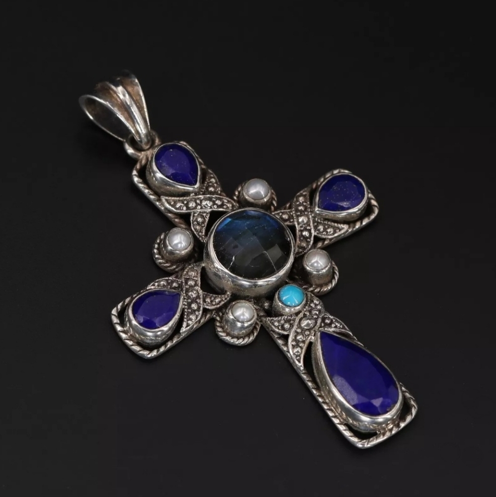 Nicky Butler 925 Sterling Silver Lapis Turquoise Labradorite Cross Pendant NB 💙